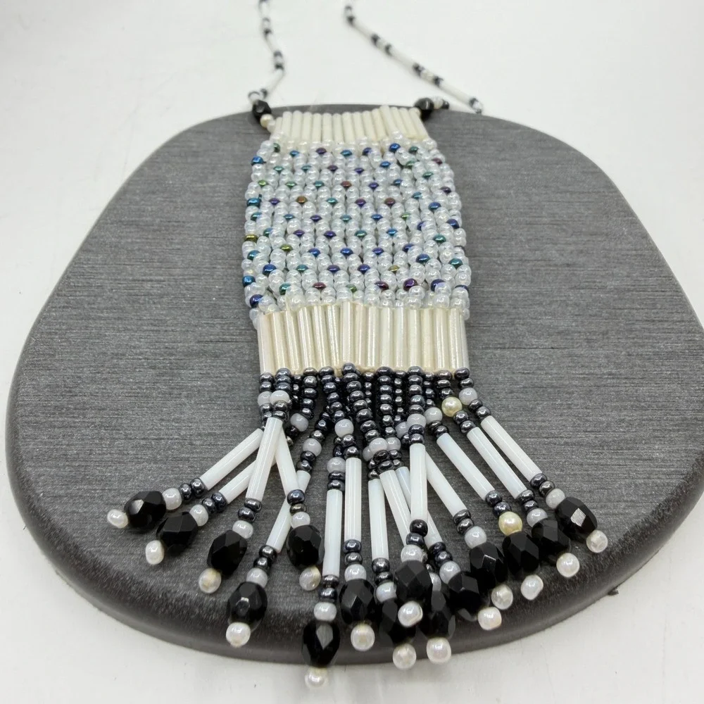 White Black Beaded Woven Fringe Pendant Necklace Boho Festival Statement Gift